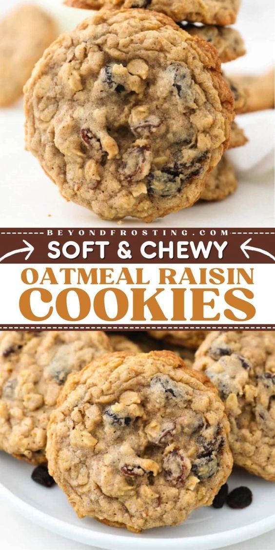 oatmeal raisin cookies on a white plate with the words soft and chewy