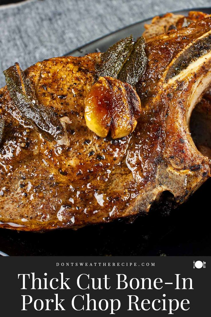 thick cut bone - in pork chop recipe on a black plate with text overlay