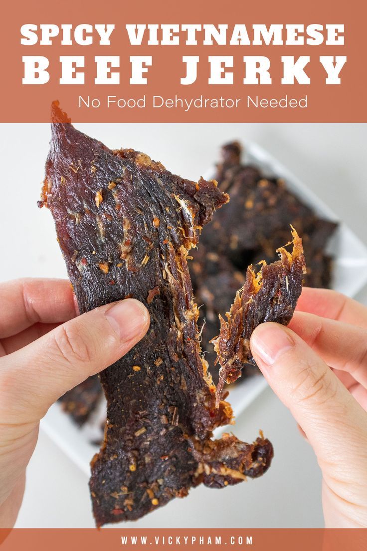 Delicious spicy Vietnamese beef jerky recipe that anyone can make at home. And you don’t even need a food dehydrator. All you need is your oven and to simply wait. Have it as a tasty snack on its own or add it to Vietnamese salads. Asian Jerky Recipe, Spicy Beef Jerky Recipe Dehydrator, Elk Jerky Recipe Dehydrator, Vietnamese Beef Jerky Recipe, Pork Jerky Recipe Dehydrator, Elk Jerky Recipe, Thai Beef Jerky, Jerky Marinades, Spicy Beef Jerky Recipe