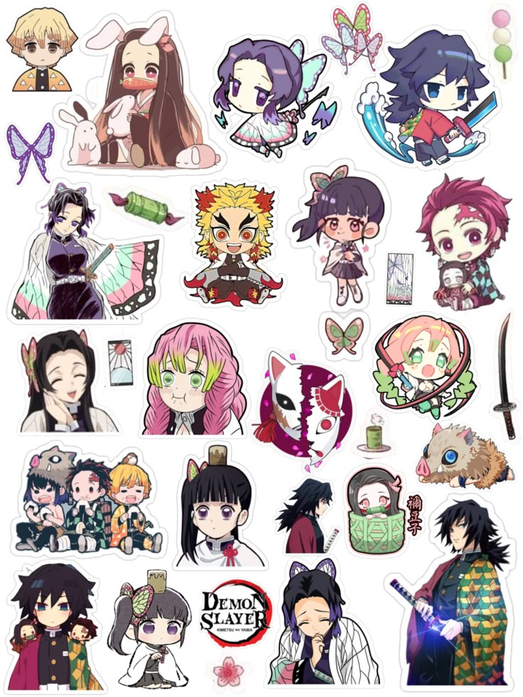 anime stickers with various characters and their names on them, all in different colors