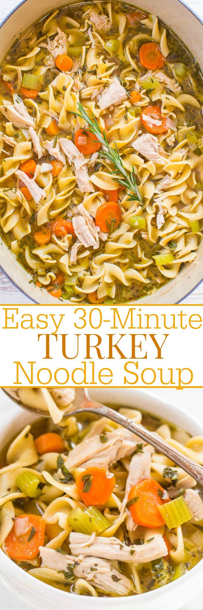 two pictures showing different types of turkey noodle soup