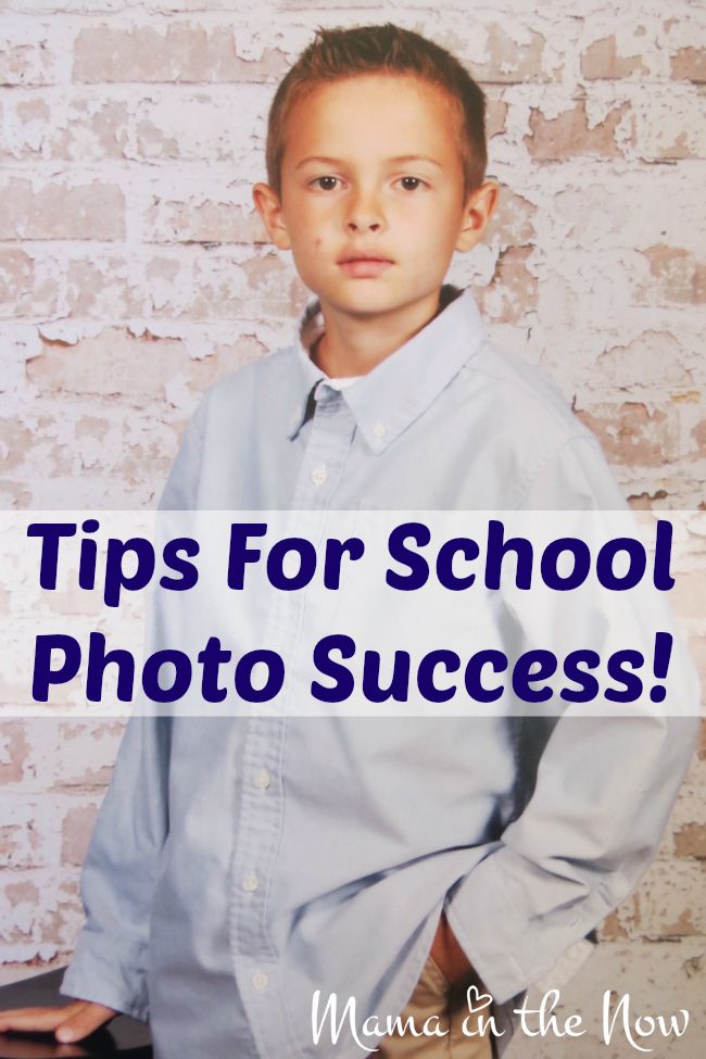 a young boy standing in front of a brick wall with the words tips for school photo success