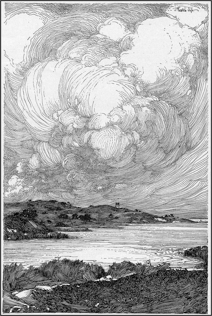 an ink drawing of clouds over the ocean