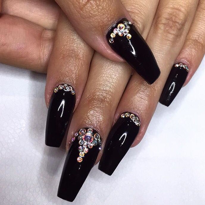 Fancy Black Nails With Gems, Black With Diamond Nails, Black Nails With Gold Gems, Black Nails With Black Rhinestones, Black Acrylic Nails With Gems, Black Nails With Gems Rhinestones, Black Gem Nails, Black Nails With Diamonds, Black Nails With Gems