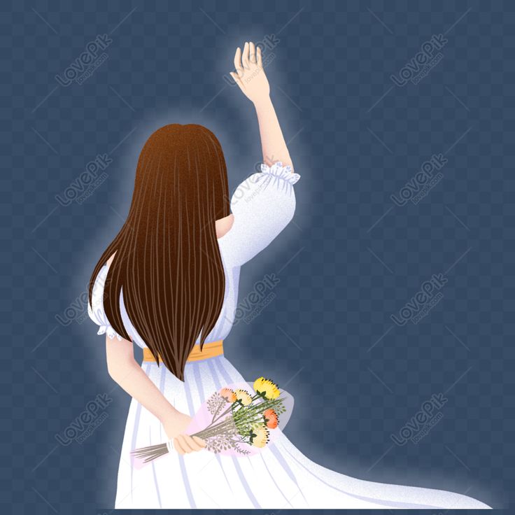 a woman in a white dress is holding flowers and waving her hand up to the sky