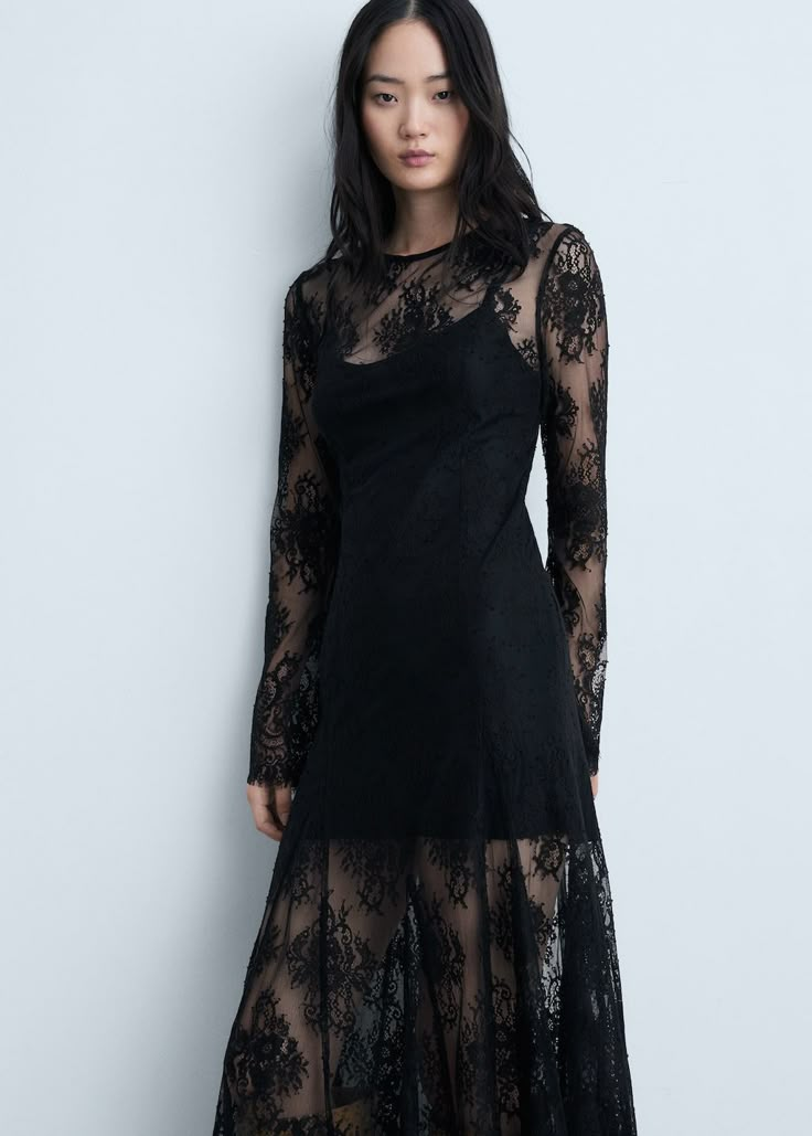 Semi-transparent lace long dress - Women | MANGO USA Graffiti Tunnel, Extra Dresses, Witchy Wardrobe, Daughter Of Hades, Anniversary Dress, Lace Long Dress, Maxi Design, Classic Capsule Wardrobe, Outfit Zara