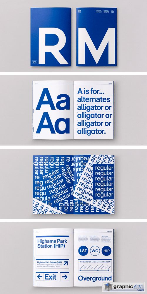 three blue and white brochures are stacked on top of each other with the letters r m