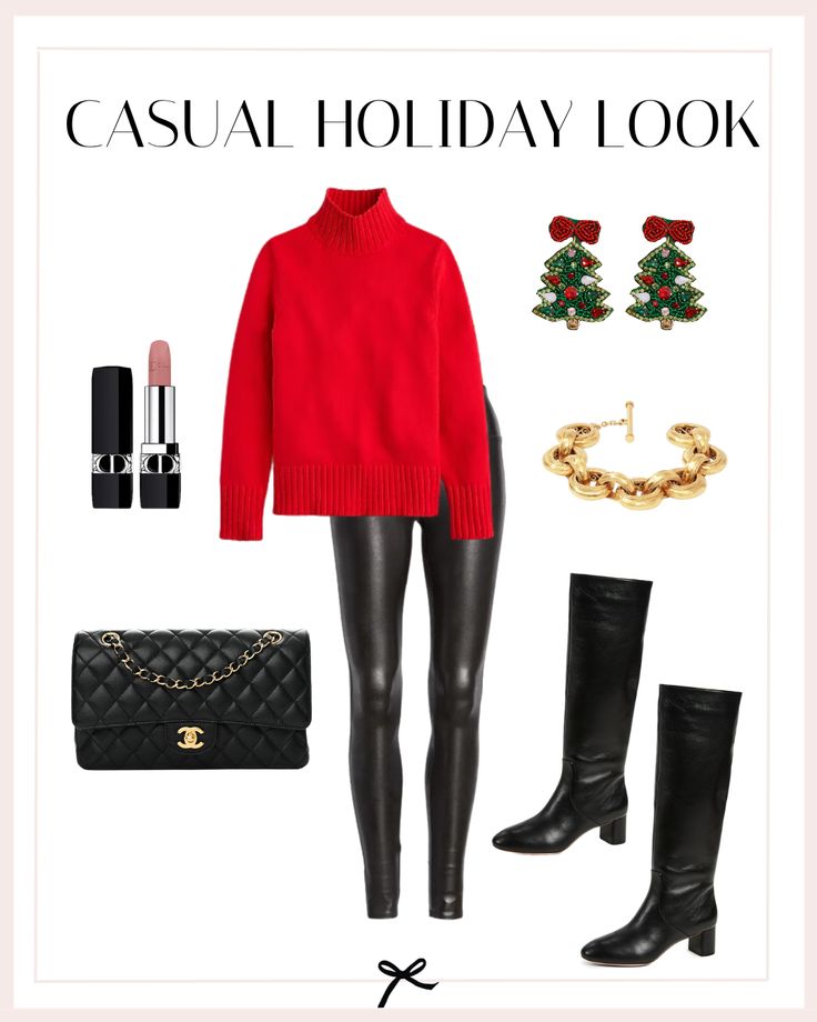 Pair this red turtleneck sweater with sleek black faux leather leggings for a chic & comfortable look. Elevate the outfit with knee-high black leather boots & a black quilted leather shoulder bag to complete the outfit with a modern edge. Accessorize with playful beaded Christmas tree earrings for a festive touch, and a gold link bracelet for a hint of glamour. This casual holiday look is perfect for any relaxed celebration. Festive Sweater Outfit, Leather Christmas Outfit, Christmas Outfit With Black Skirt, Christmas Party Outfits Knee High Boots, Leather Leggings Outfit Christmas Party, Leather Leggings Outfit Christmas, Red And Black Winter Outfits, Leather Skirt Outfit Christmas, Black And Red Christmas Outfit