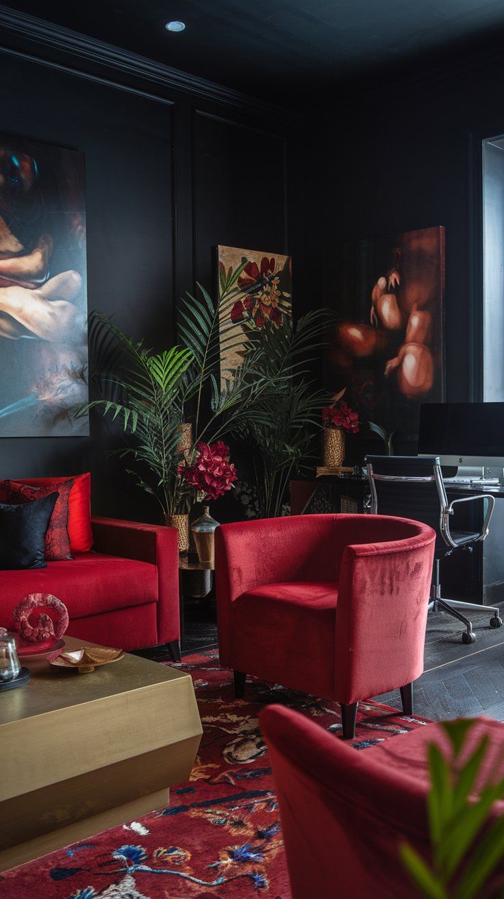 a living room filled with lots of red furniture and art on the wall behind it