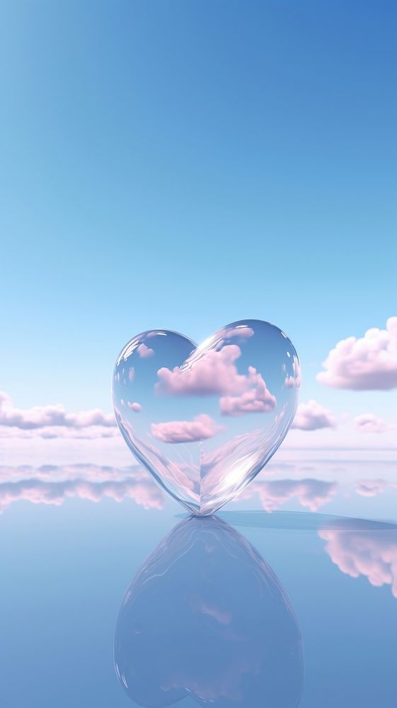 a heart shaped object floating on top of a body of water with clouds in the background