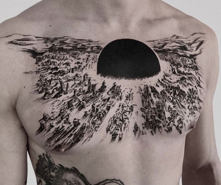 a man with tattoos on his chest has an eyeball in the sky above him