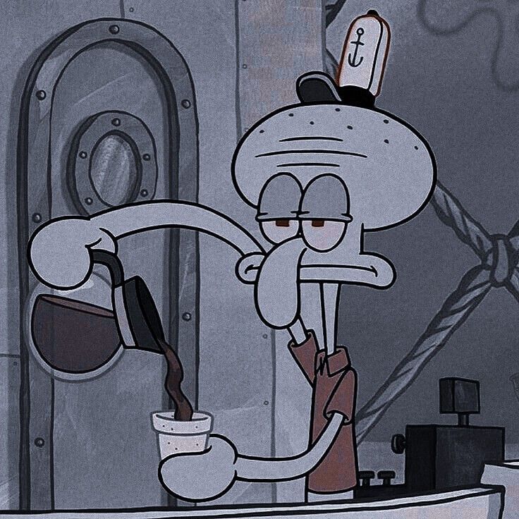 a cartoon character holding a cup in his hand