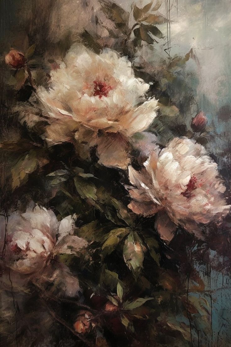 an oil painting of white flowers in a vase