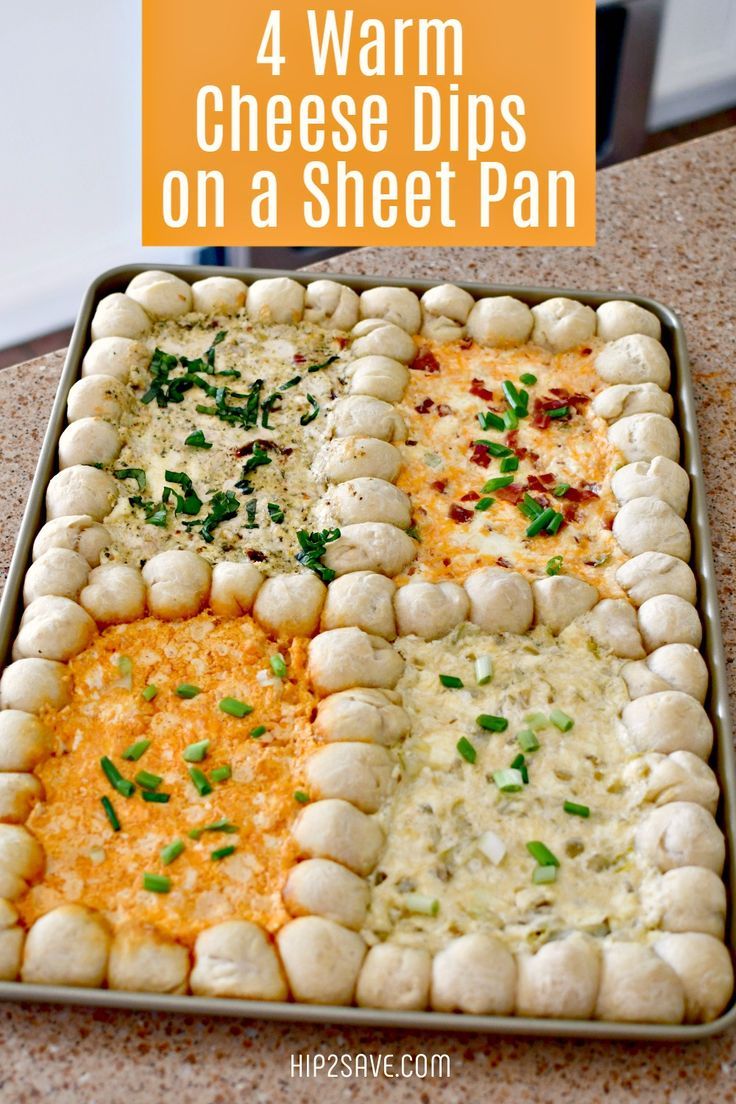 four different types of cheese dips on a sheet pan with text overlay that reads 4 warm cheese dips on a sheet pan