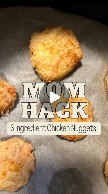 three ingredient chicken nuggets on a baking sheet with the title mom hackr 3 ingredient chicken nuggets