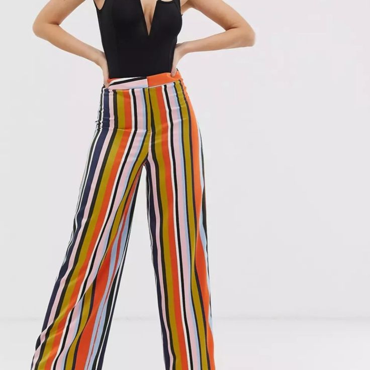 Asos Design Colourful Stripe Satin Wide Leg Pants Co-Ord Size 4 Multicolor Wide Leg Summer Work Pants, Summer Workwear Multicolor Wide Leg Pants, Chic Fitted Multicolor Wide Leg Pants, Fitted Multicolor Bottoms For Workwear, Chic Multicolor Wide Leg Pants For Summer, Chic Multicolor Wide Leg Pants, Chic Summer Multicolor Wide Leg Pants, Multicolor Trousers For Workwear, Multicolor Pants For Workwear