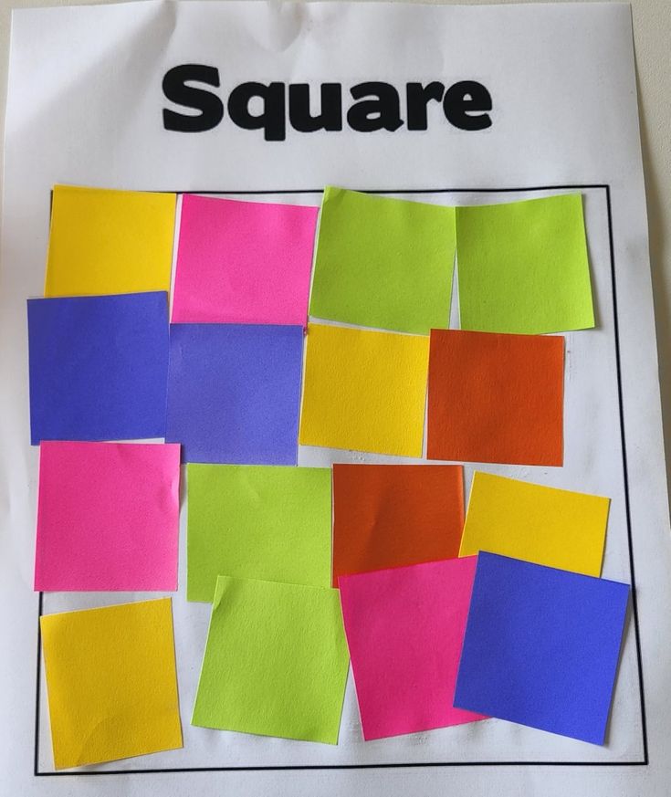 a piece of paper that has been cut into squares with colored papers on it and the word square written in black