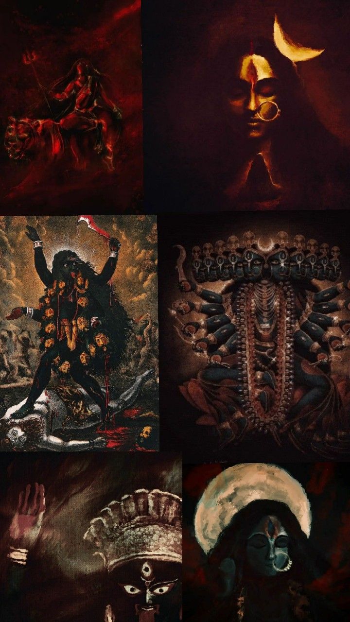 four different paintings with various faces and body shapes, all painted in black and red