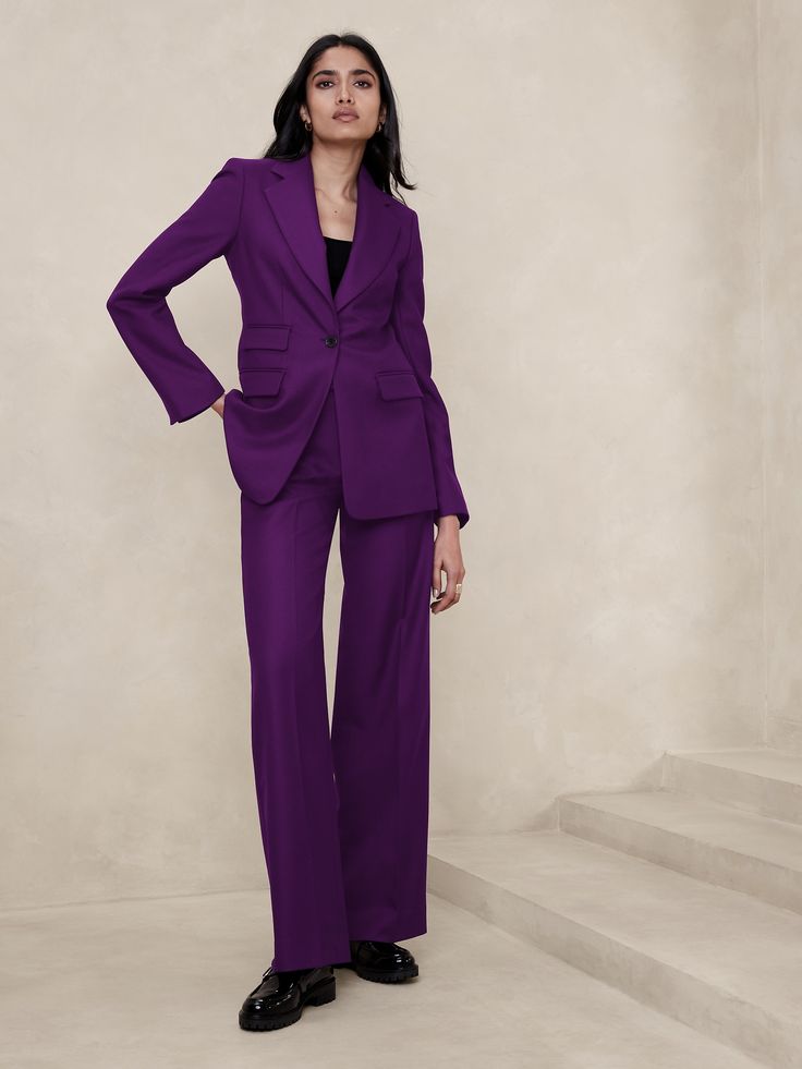 Delight in the ritual of getting dressed with this sharply tailored blazer, designed with princess seams and darts to define the waist.  Cut for an at-ease fit, it's crafted from a timeless all-season wool fabric from Italian mill Marzotto.  SCULPTED FIT: Princess seams and darts at the waist create an intentionally feminine fit.  Notch lapels.  Single button closure.  Front pockets.  Center back vent.  Fully lined.  As seen on Vogue World: New York Sculpted Fit: Slim fit with extra definition a Paris Green, The Ritual, Getting Dressed, Tailored Blazer, Princess Seam, Wool Fabric, Wool Blazer, Petite Size, Deep Purple