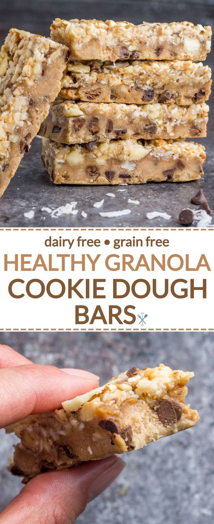 healthy granola cookie dough bars are stacked on top of each other