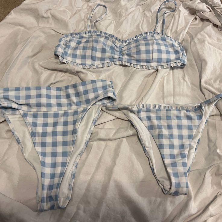 Baby Blue And White Plaid Ruffle Forever 21 Bikini, Brand New, Never Been Worn, With Two Bottoms, Both Cheeky Price Was For All Three Forever 21 Fitted Swimwear For Sunbathing, Forever 21 Triangle Top Swimwear For Vacation, Forever 21 Triangle Top Beachwear Swimwear, Forever 21 Triangle Top Swimwear For Swimming, Forever 21 Triangle Top Swimwear For Summer, Forever 21 Triangle Top Swimwear For Spring, Forever 21 Triangle Top Swimwear, Trendy Forever 21 Swimwear For Pool, Trendy Forever 21 Swimwear For Beach Season