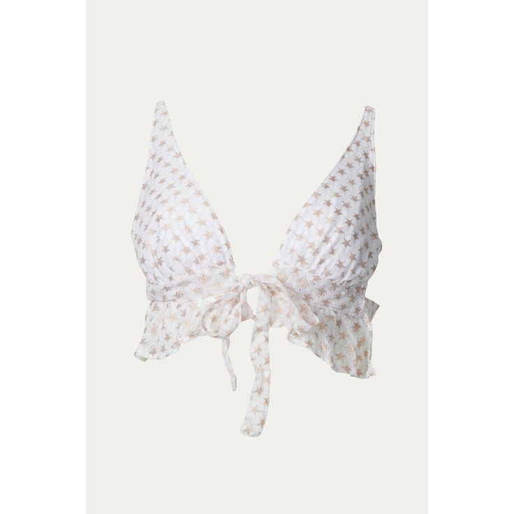 Soah's 'Sarah' Bikini Top Feels So Feminine Thanks To The Dainty Print And Ruffled Hem. Fully Lined, It Has Triangle Cups And Fastens With Adjustable Ties. Wear It With The Coordinating Bikini Bottoms On Your Next Vacation. This Item Is Part Of A Matching Set Color: White/Gold Fabrication: 95% Polyester, 5% Spandex Care: Hand Wash Cold, Lay Flat To Dry Standard Clothing Sizing Beachwear Tops With Ruffles For Beach, Ruffled Beachwear Tops For Beach, Fitted V-neck Tops For Beach Party, White Beachwear Tops For Party, White Triangle Top For Spring, Flirty Beach Tops, White Party Top For Beach Season, Chic White Swimwear With Tie Back, Feminine Sleeveless Swimwear For Summer