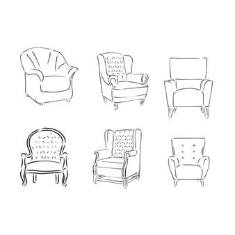 six different chairs drawn in line on a white background, each with an individual's own chair