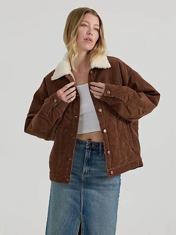 Women's Girlfriend Sherpa Jacket in Cedar Cute Fall Jackets For Women, Corduroy Jacket Outfit Aesthetic, Women’s Jackets, Montana Outfits Fall, Fall Jackets 2024, Trucker Jacket Outfit Women, Sherpa Jean Jacket Outfit, Womens Fall Jackets, Granola Fall Outfits