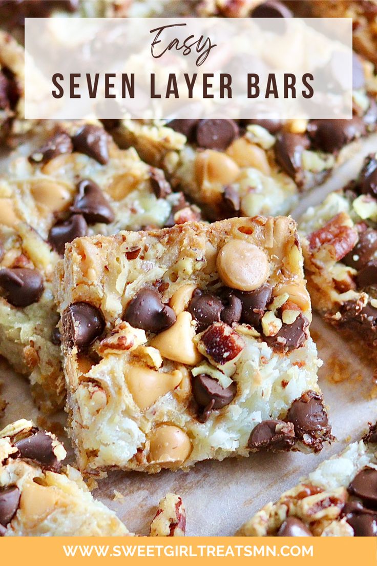 seven layer bars with chocolate chips and nuts on top