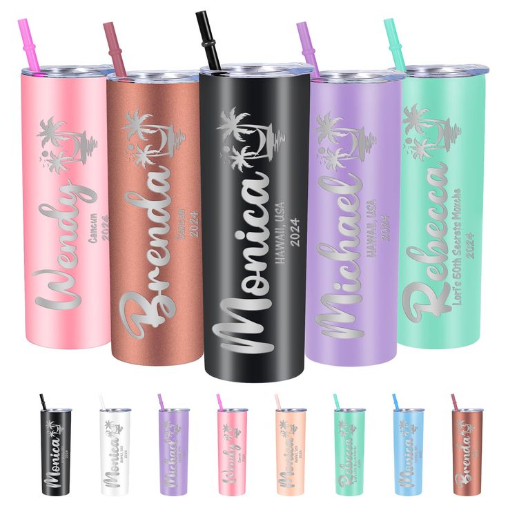 six different colored tumblers with straws in them and the words mermaid on each one