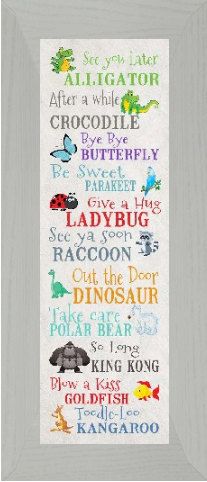 a cross stitch pattern with the names of different animals and words in each letter, on a wooden background