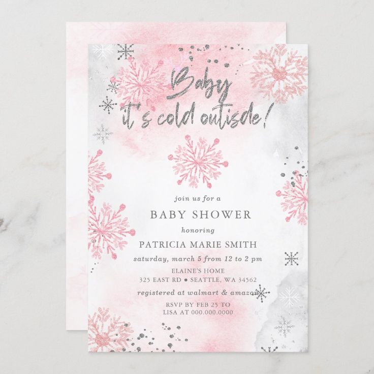 baby it's cold outside pink and silver snowflake party card on marble background