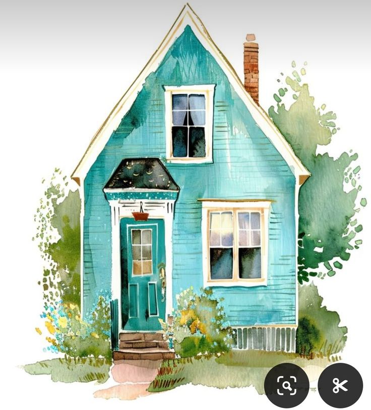 a watercolor painting of a blue house