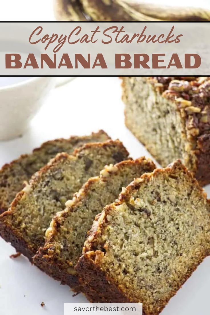 some banana bread is cut into slices and sitting on a white plate with the words copycat starbuck's banana bread