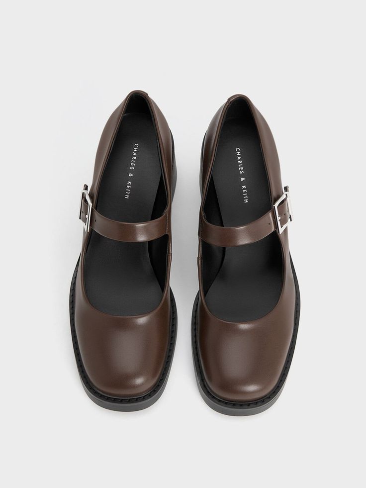 Dark Brown Hester Mary Jane Block-Heel Pumps - CHARLES & KEITH US Brown School Shoes, Dark Academia Shoes, Dark Academia Accessories, Charles And Keith Shoes, Mary Jane Loafers, Academia Shoes, Classic Shoes Women, Church's Shoes, Brown Mary Janes