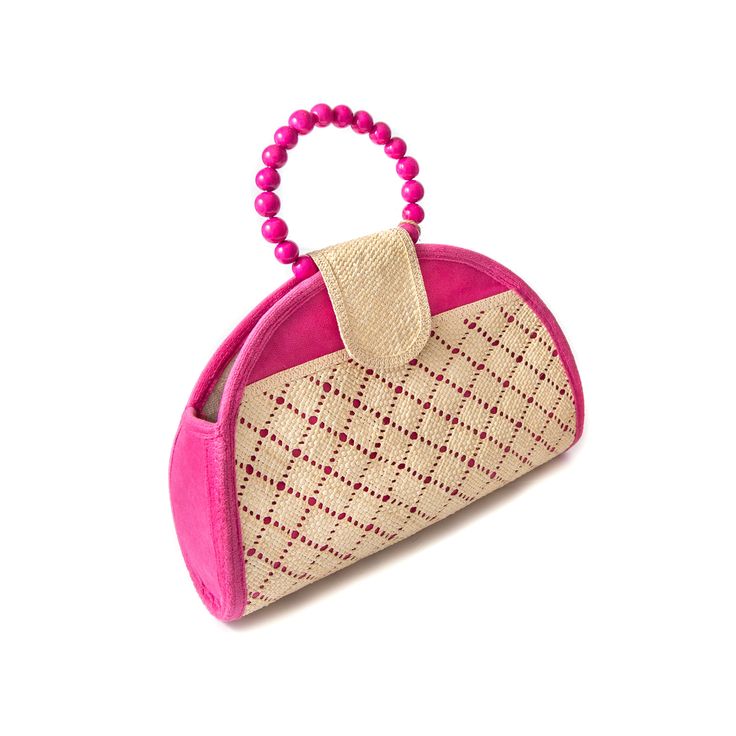 Add a fun, sustainable, chic bag to your look this season. Handmade by aritisans with Original "Paja Toquilla" Handwoven in Monte Cristi, Ecuador Handle is made with 100% Tagua Nuts Bag: 13" x 9.5" x 3.25" Handle: 5.5" wide Snap closure, interior pocket Woven Jute Bag With Top Handle, Top Handle Woven Jute Bag, Woven Jute Top Handle Bag, Everyday Handheld Clutch With Braided Handles, Chic Handheld Handwoven Shoulder Bag, Chic Handwoven Top Handle Bag, Daily Use Clutch With Braided Handles, Chic Pink Beach Bag For Daily Use, Pink Top Handle Bag For Summer