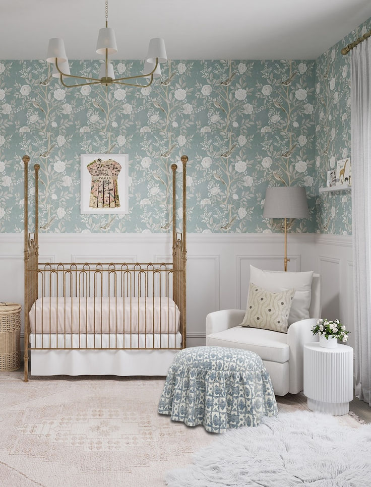 a baby's room with floral wallpaper and a white crib in the corner