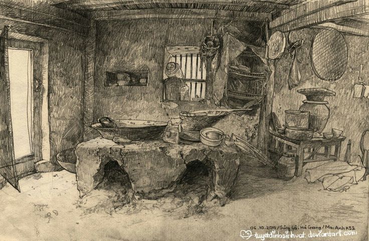 a drawing of an old fashioned kitchen with pots and pans on the stove top