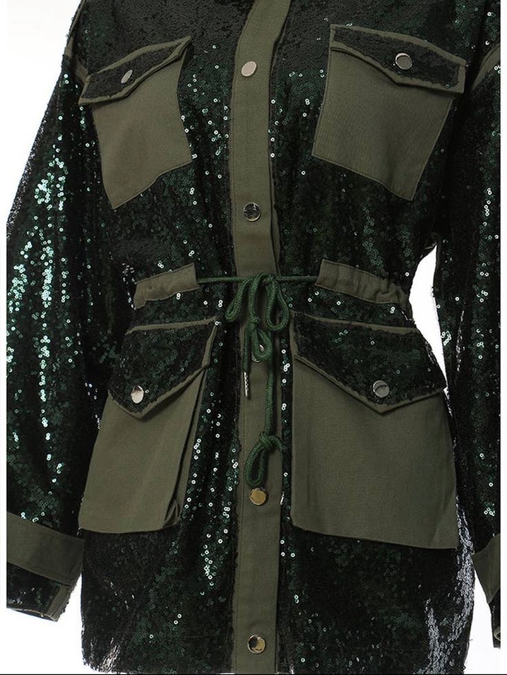 Make a statement with this long sleeves Sequin drawstring casual Jacket. This chic and statement making olive sequin jacket has button from, string belt, front breast and bottom pockets, plain back, shirt collar (approximately 47 » bust and 40” length). Material: cotton/nylon blend care: dry clean Sequins Jacket, Oversize Casual, Back Shirt, Sequin Jacket, Long Sleeve Sequin, Hot Outfits, Green Jacket, Individual Style, Shirt Collar