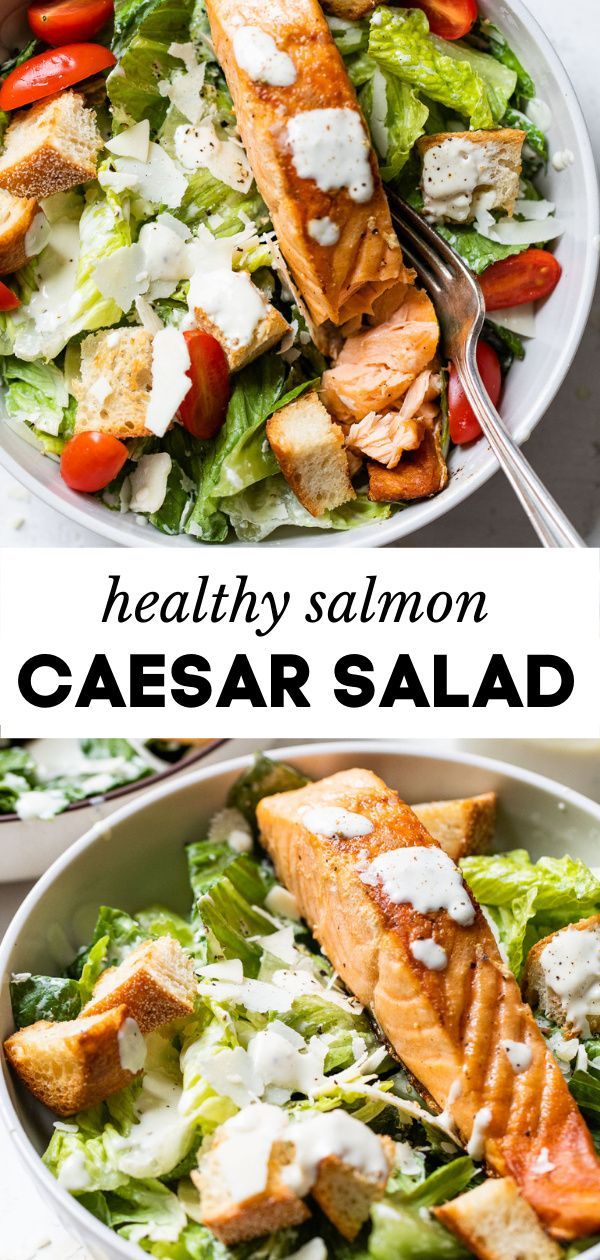 two plates with salmon and lettuce salad on them, one is topped with dressing