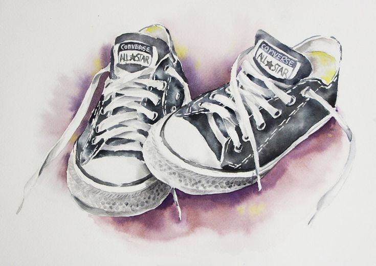 a watercolor drawing of two shoes with laces on the bottom and one shoe in the middle