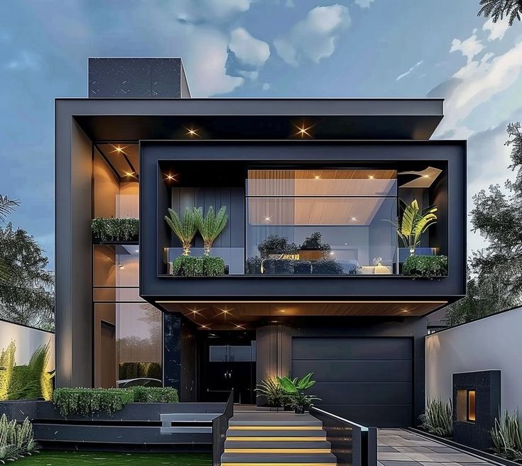 a modern house with stairs leading up to it