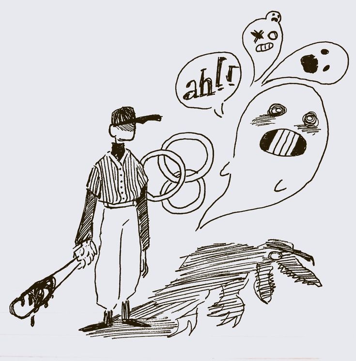 a drawing of a man holding a baseball bat next to a fire hydrant with speech bubbles above it