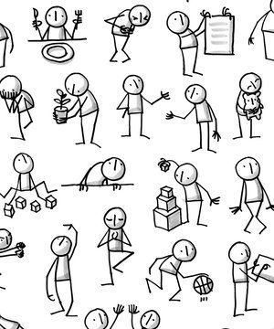 a bunch of stick figures are drawn in black and white