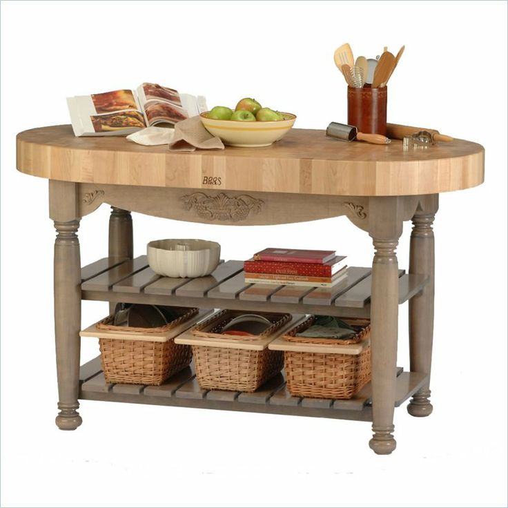 a wooden table with baskets on it and food in the bottom shelf next to it