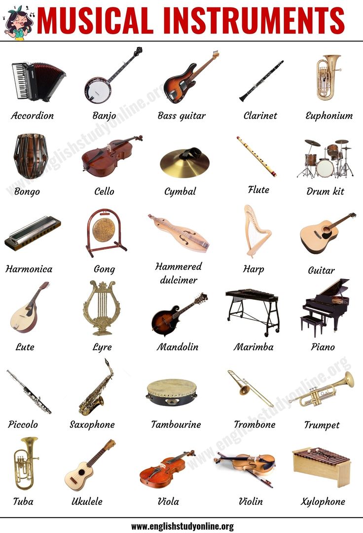 musical instruments are shown with the names in english and spanish on each one, there is an