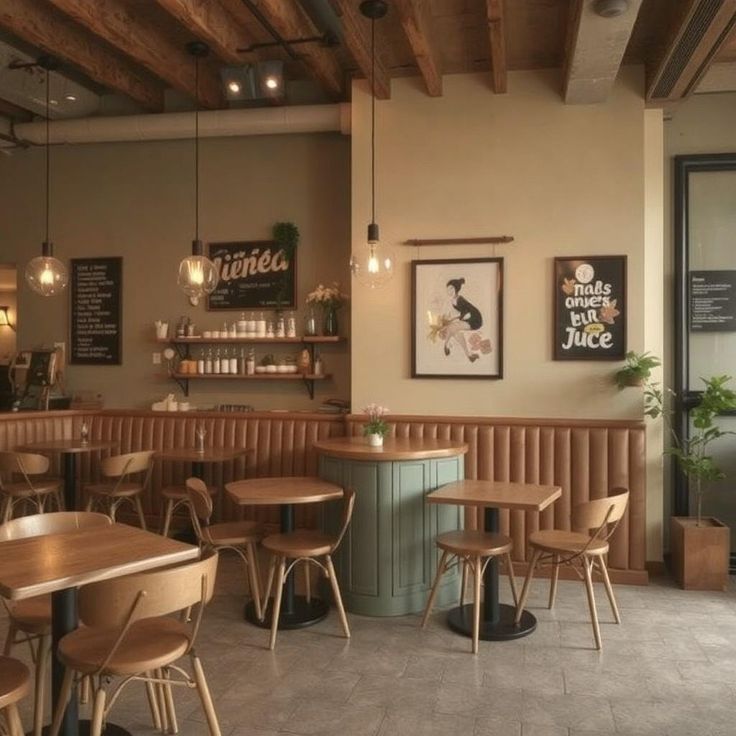 the inside of a restaurant with wooden tables and stools, hanging lights and pictures on the wall