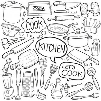 the kitchen doodle clip art is shown with words and cooking utensils on it