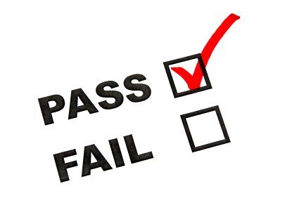 a check mark with the word pass fail highlighted in black and red on a white background