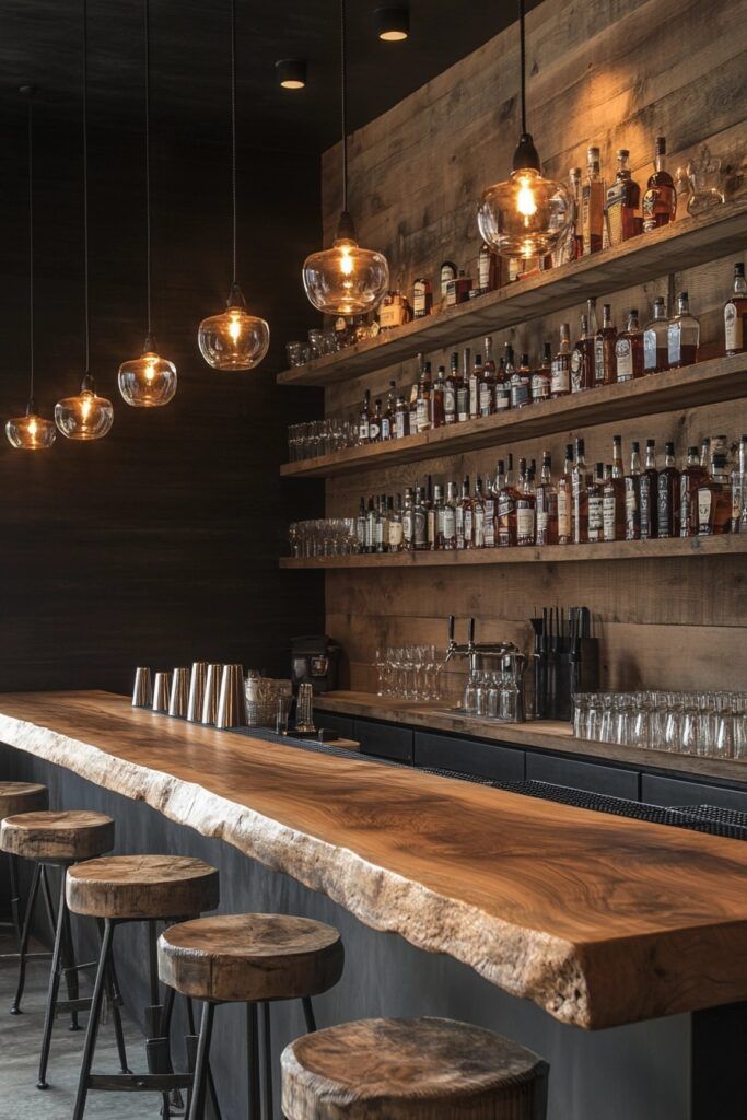 a bar with stools and shelves filled with bottles on the wall, lights hanging from the ceiling